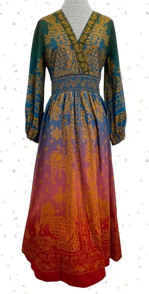 Farm Rio Smocked-Waist Dress Anthro Paisley Long Sleeve Boho Jewel Tone Size S thumbnail 1
