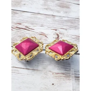 Vintage Clip On Earrings - Pink with Ornate Gold Tone Halo thumbnail 2
