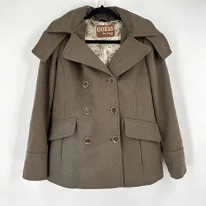 Guess Wool‎ Blend Coat Women M Brown Double Breasted Hooded Vintage Academia thumbnail 1