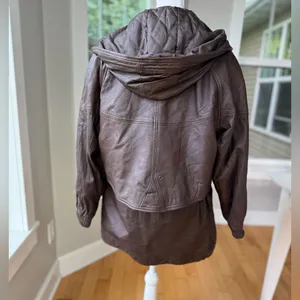 Vintage GIII Brown Genuine Leather Jacket Hooded Anorak Trench Coat Sz Small thumbnail 3