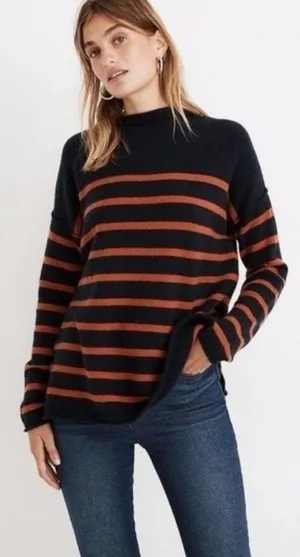 Madewell Striped Whitworth Mockneck Sweater Merino Wool Alpaca Blue Orange thumbnail 1