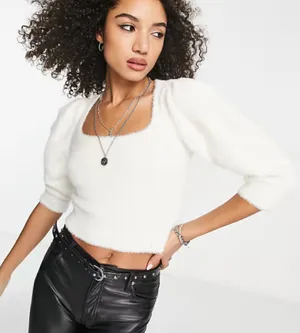Free People Moonbeam Fluffy White Puff Sleeve Sweater Top Size M thumbnail 1