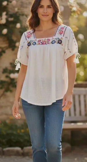 Time and Tru Embroidered White Short Sleeve Top size S NEW thumbnail 1
