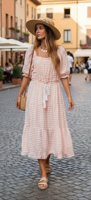 MOON RIVER Puff Sleeve Midi Dress-Pink Stripe Size Small NWT thumbnail 1