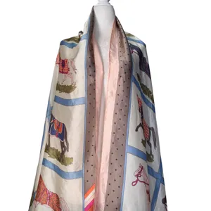 Equestrian Horse Print Satin Scarf Wrap Shawl‎ 35x70 Peach Blue Dressage Riding thumbnail 3