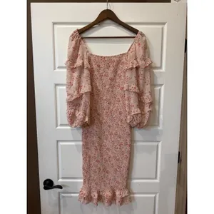 Petal + Pup Leia Pink Floral Smocked Midi Dress Tiered Ruffle Sleeve Size‎ 4 thumbnail 2