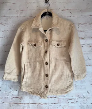 Madewell XS shacket Cream Quilted Button-Up Jacket pockets 100% cotton textured thumbnail 1