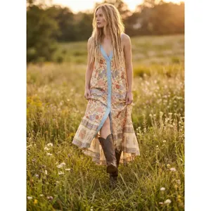 Free People Retro 70s Bohemian Block Print Snap Front Kelso Maxi Dress Large thumbnail 6