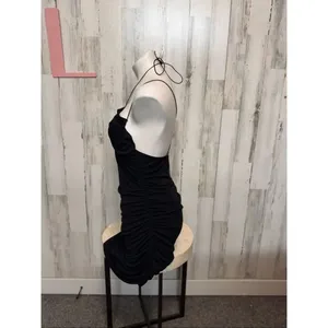 Black Ruched Bodycon Mini Dress Halter Neck Tie Back Stretchy Party Dress Size L thumbnail 2