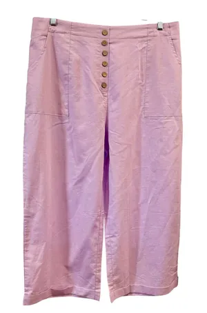 Purple High Waisted Wide Leg Linen Blend Pants Button Fly Crop Trousers, 2XL thumbnail 1