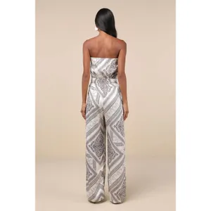 NWT Lulus Western Direction Ivory Scarf Print Satin Strapless Jumpsuit Cruise L thumbnail 3
