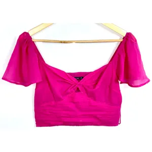 Abercrombie & Fitch Pink Smocked Off Shoulder Ruffle Sleeve Crop Top Womens Sz M thumbnail 2