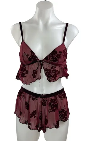 Auden Flocked Womens Red Black Floral Mesh Bralette & Mini Short Lingerie Sets S thumbnail 1
