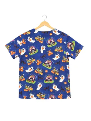 Vintage 90’s Halloween Scrub Top Small Haunted House Ghost Pumpkin Witch V-Neck thumbnail 3