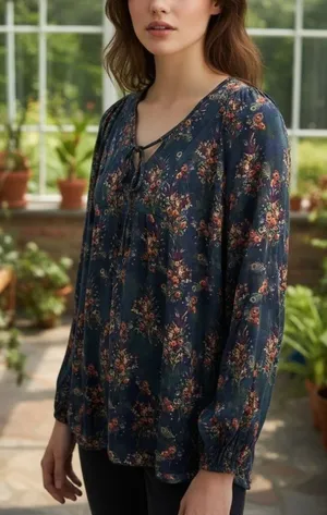 Natural Life Black Floral Boho Peasant Blouse Size Large Rayon Tie Neck Top thumbnail 1