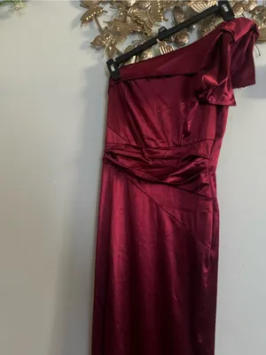 Honey and Rosie One-Shoulder Satin Dress in Burgundy thumbnail 3