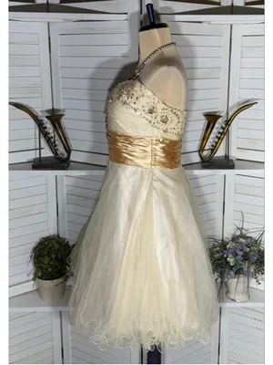 MayQueen Couture mesh mini dress gold beaded strapless fairy princess homecoming thumbnail 4