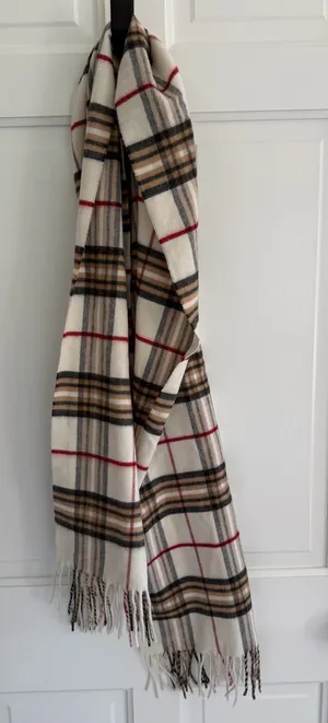 V. Fraas Cashmink Plaid Scarf Ivory Beige Black Red Polyester Fringe Germany thumbnail 1