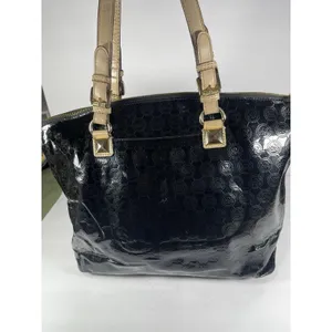 Michael Kors MK Logo Black Tote Bag Zip Gold Beige Straps Dust Bag thumbnail 5