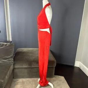 Women’s Red Deep V-Neck Halter Jumpsuit Ring Accent Wide Leg BodyCon Size L NEW thumbnail 7