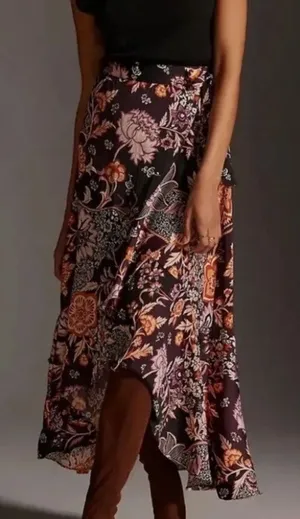 Maeve Anthropologie Wrap Side Tie Ruffle Hem Satin Floral Midi Skirt Purple XS thumbnail 1