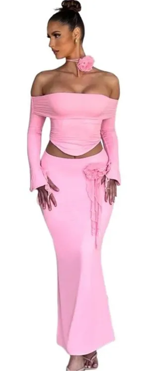 Pink 2 Piece Set Off the Shoulder Long Sleeve Crop Top & Skirt Size L NEW thumbnail 1