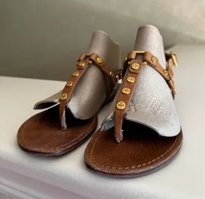 Tan Tory Burch Sandals with Gold Logos thumbnail 1
