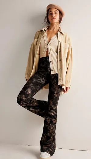 Free People NWT Jayde Black Tie Printed Metallic Black Flare Jeans thumbnail 1