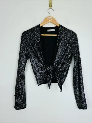 Abercrombie & Fitch black sequin tie front long sleeve crop top or jacket. XS thumbnail 2
