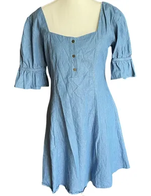 Umgee Denim Women's S Mini Dress Blue Cotton‎ Boho Western Festival Bohemian thumbnail 1