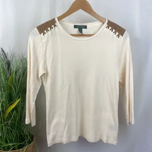 Ralph Lauren Cream & Brown Leather Shoulder Long Sleeve Ribbed Tee T Shirt Top M thumbnail 2