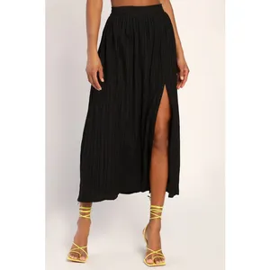 Lulus Midsummer Memories Black Mid-Rise Maxi Skirt Side Slit Plisse Large NWT thumbnail 2