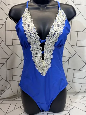 Cupshe One Piece Swimsuit Large‎ Blue Crochet Lace V-Neck Strappy Back Cutout thumbnail 1