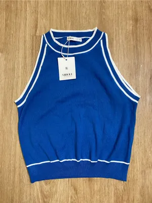 Sleeveless Ribbed Tank Top in Bright Blue with White Trim thumbnail 2