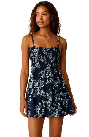 Band Of Gypsies Tiered Ruffle Mini Dress Blue Floral Large thumbnail 1