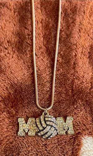Silver Tone MOM Volleyball Pendant Necklace with Crystal Accents thumbnail 1