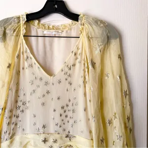 LoveShackFancy Dress Rina Silk Metallic Star Ruffle Mini Sunmer Sunflower 2 EUC thumbnail 5