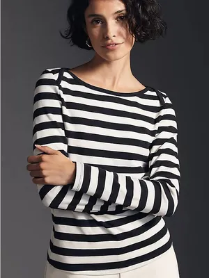 Anthropologie Maeve Boatneck Top in Black and White Stripe thumbnail 1