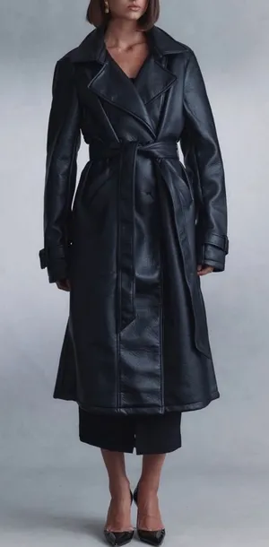 Meshki Tarah Faux Leather Trench Coat Black Large EUC thumbnail 1