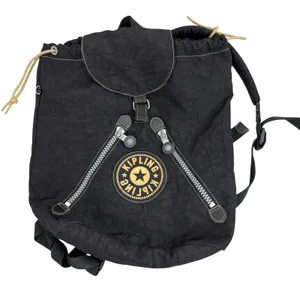 Kipling Backpack Unisex Large Black Drawstring Front Zip Pockets Nylon Bag Vtg thumbnail 1
