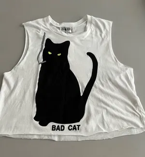 White "Bad Cat" Graphic Tank Top - Black Cat Print size 6 thumbnail 1