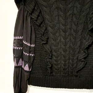 By Anthropologie Black Ruffle Cable-Knit Sweater Balloon‎ Sleeve Size Small thumbnail 3