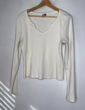 Pilcro V‎ Neck Thermal Henley Long Sleeve Top Off White Large thumbnail 1