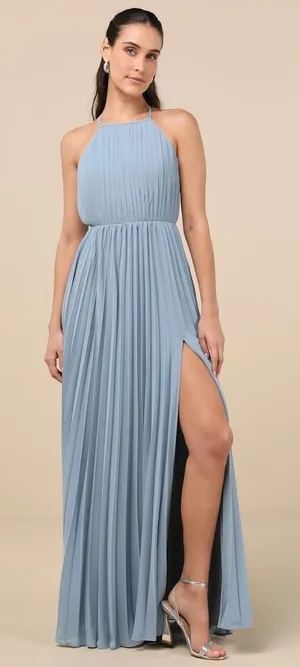 NWT Lulus Rylie Slate Blue Pleated Backless Maxi Dress Bridesmaid Holiday Sz XL thumbnail 1