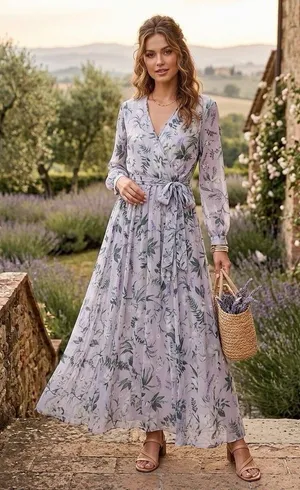 Ivy City Co Sweet Caroline Floral Maxi Dress Size M Lavender Wrap Smocked Sleeve thumbnail 1