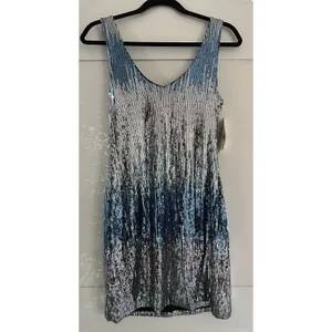 As You Wish Mini Bodycon Blue Silver Hombre Sequin Sexy Cocktail Club Dress Sz L thumbnail 2