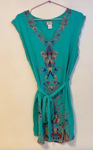 Flying Tomato Boho Embroidered Tie Waist Long Top Mini Dress Teal Green Womens L thumbnail 1