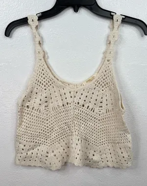 Rebellion Again Tank Top Womens XS Ivory Crochet Knit Crop Boho Festival thumbnail 1