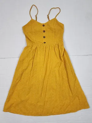 Cotton Women’s Yellow Eyelet Knee Lenght Dress Smocked Back Size M thumbnail 10