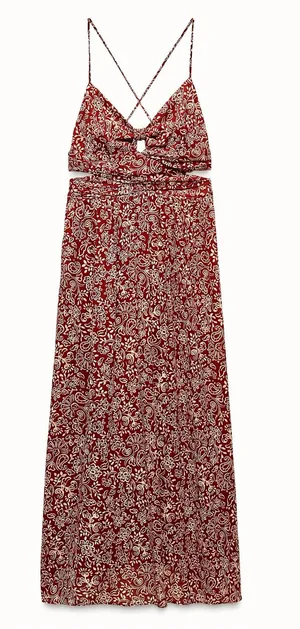 ZARA Paisley Floral Boho Dress Size Medium Side Cut out Burnt Orange thumbnail 1